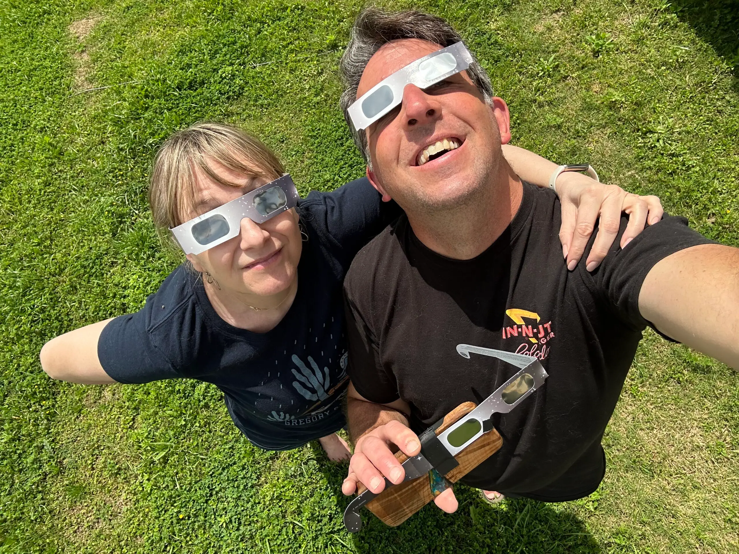 Anne and Bill take a selfie with eclipse glasses on, just prior to the total solar eclipse