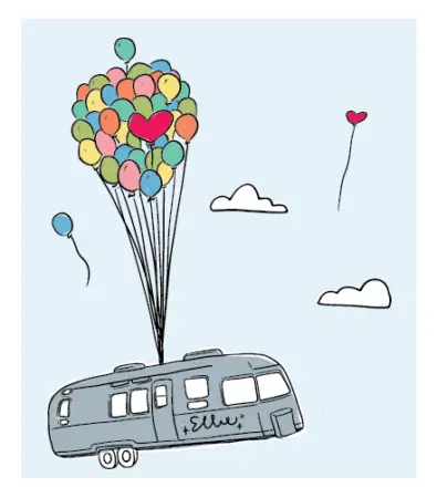 Ellie the Airstream aloft by a couple dozen colorful balloons