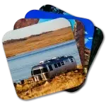 Airstream scenic posters Coaster set featuring an Airstream against a backdrop of scenic images in the American West. Top image shows Airstream adjacent to a lake.