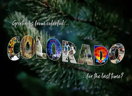 Colorado postcard image with a fir tree in the background with images inset for each letter in the word Colorado
