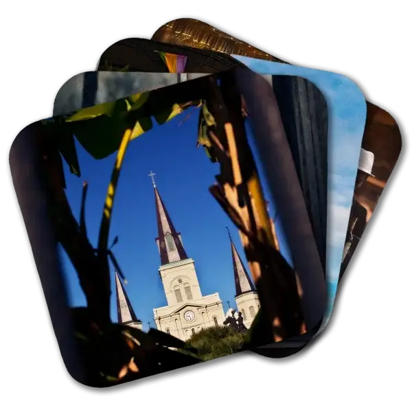 New Orleans Streets French Quarter Coasters Coaster set of color images depicting New Orlean's French Quarter, featuring St. Louis Cathedral