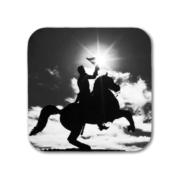 Coaster featuring a B&W image of a backlit sculpture of Andrew Jackson in New Orleans' Jackson Square