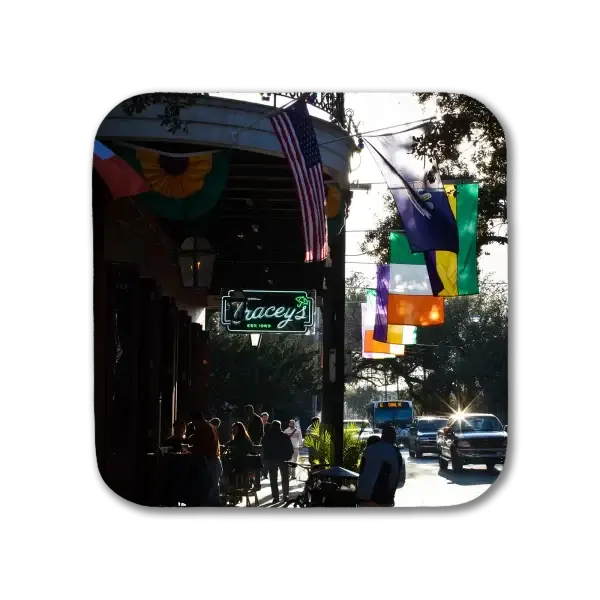 A coaster featuring a New Orleans scene of Tracey's bar in the city's Irish Channel neighborhood