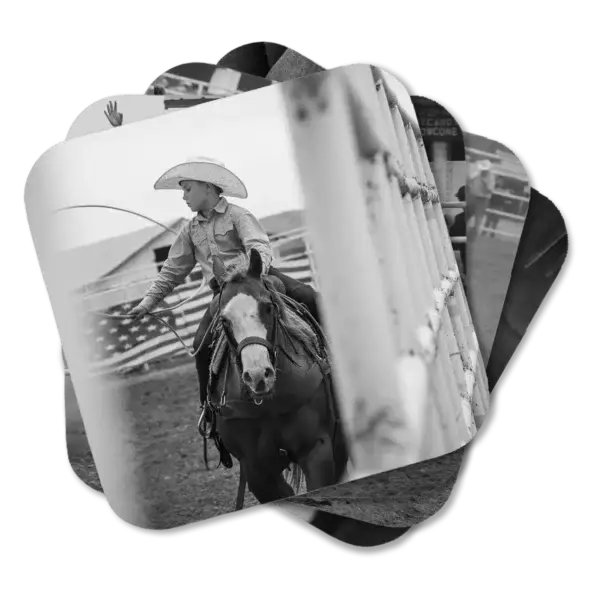 Let's Rodeo Colorado Coasters Set of four coasters featuring B&W scenes from Colorado rodeo