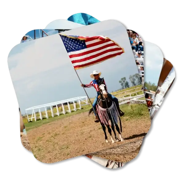 Let's Rodeo Colorado Coasters Set of four coasters featuring colorful scenes from a Colorado rodeo