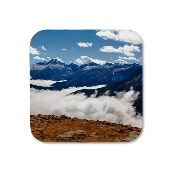 Clouds settle into valleys separating mountain ridges at Rocky Mountain National Park, artwork for a coaster
