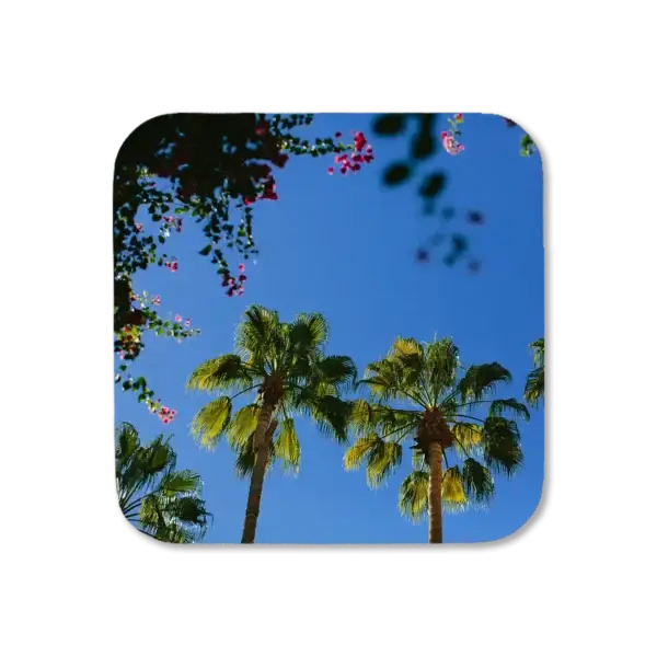 Two palm trees surrounded by vegetation, artwork for a coaster