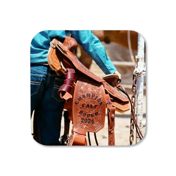 New saddle featuring champion calf roper for that rodeo, artwork for a coaster