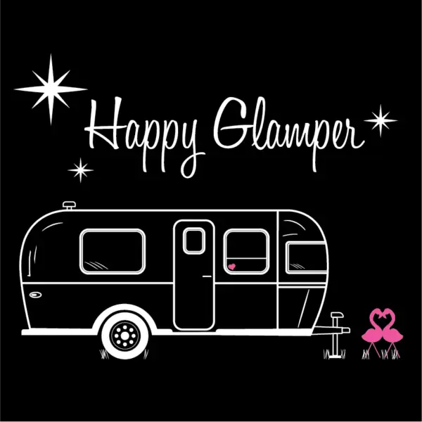 Close-up of black apron with "Happy Glamper" text in a mid-century modern typeface with Airstream trailer graphic