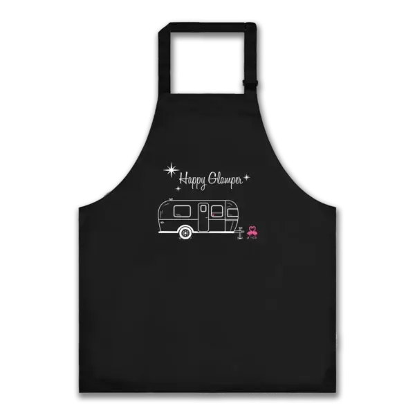 Happy Glamper Airstream apron Black apron with "Happy Glamper" text in a mid-century modern typeface with Airstream trailer graphic