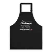 Black apron with "Kiss Me, I have an Airstream" text in a mid-century modern typeface with Airstream trailer graphic