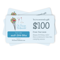 Gift Card for Oh Those Hollands! Sample text includes amount, sender, message, and redemption code