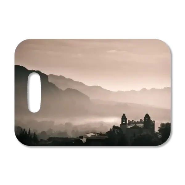 Premium luggage tag featuring countryside in rural Mexico with Catholic Church.