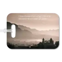 Church at Sunrise Luggage Tag in Mexico Premium luggage tag featuring countryside in rural Mexico with Catholic Church. Superimposed text says I love those days when my only decision is window or aisle.