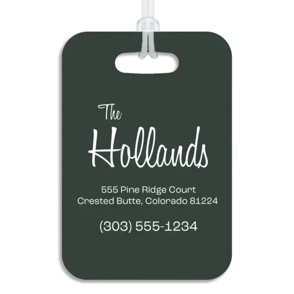 Colored reverse side of a premium luggage tag, showing the owner's name in a mid-century modern script font, plus their address and contact information in a wide, modern font.