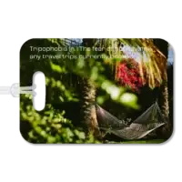 Palm Springs California Hammock Luggage Tag Premium luggage tag featuring hammock hanging between palm trees in Palm Springs, California. Superimposed text says Tripophobia (n.) The fear of not having any travel trips currently booked.