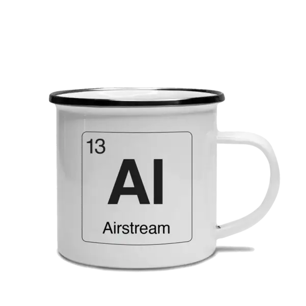 Airstream element camp mug Element-styled, white camp mug with black rim. Design features an element of Al for Airstream