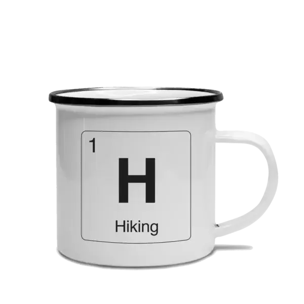 Hiking Element Camp Mug Element-styled, white camp mug with black rim. Design features an element of H for Hiking
