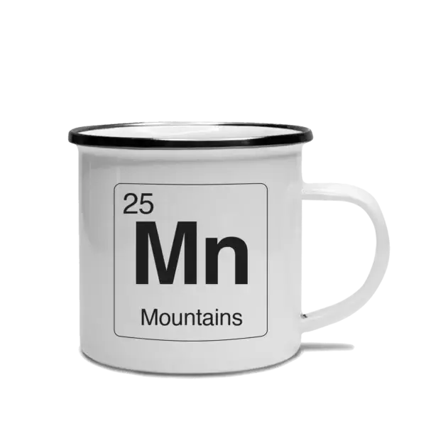 Mountains Element Camp Mug Element-styled, white camp mug with black rim. Design features an element of Mn for Mountains