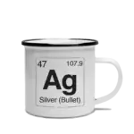 Silver Bullet Element Camp Mug Element-styled, white camp mug with black rim. Design features an element of Ag for Silver (Bullet), referring to Airstream travel trailers