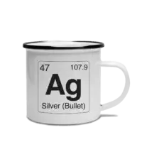 Silver Bullet Element Camp Mug Element-styled, white camp mug with black rim. Design features an element of Ag for Silver (Bullet), referring to Airstream travel trailers