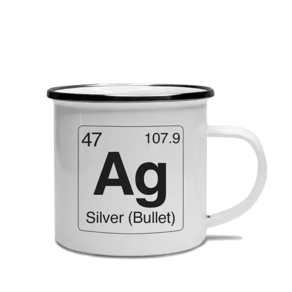 Silver Bullet Element Camp Mug Element-styled, white camp mug with black rim. Design features an element of Ag for Silver (Bullet), referring to Airstream travel trailers