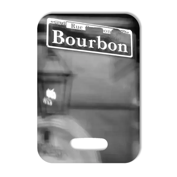 Premium luggage tag featuring Bourbon Street sign in New Orleans in B&W.