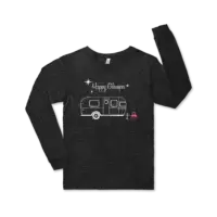 Happy Glamper Airstream tee shirt Airstream design with flamingoes with the words Happy Glamper on a charcoal Bella canvas unisex jersey long sleeve tee