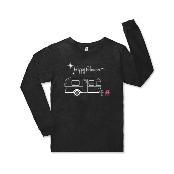 Happy Glamper Airstream tee shirt Airstream design with flamingoes with the words Happy Glamper on a charcoal Bella canvas unisex jersey long sleeve tee