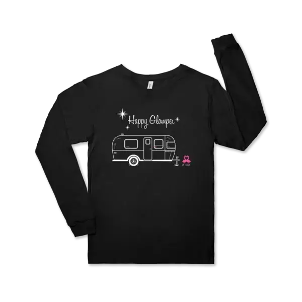 Airstream design with flamingoes with the words Happy Glamper on a black Bella canvas unisex jersey long sleeve tee