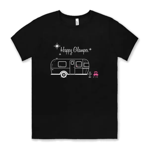Happy Glamper Airstream tee shirt Airstream design with flamingoes with the words Happy Glamper on a black Bella canvas unisex tee shirt
