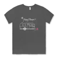 Happy Glamper Airstream tee shirt Airstream design with flamingoes with the words Happy Glamper on a gray Bella canvas unisex tee shirt