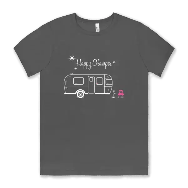 Happy Glamper Airstream tee shirt Airstream design with flamingoes with the words Happy Glamper on a gray Bella canvas unisex tee shirt