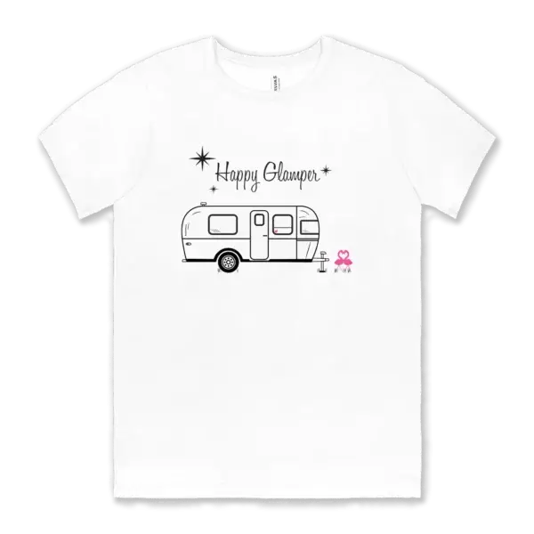 Happy Glamper Airstream tee shirt Airstream design with flamingoes with the words Happy Glamper on a white Bella canvas unisex tee shirt