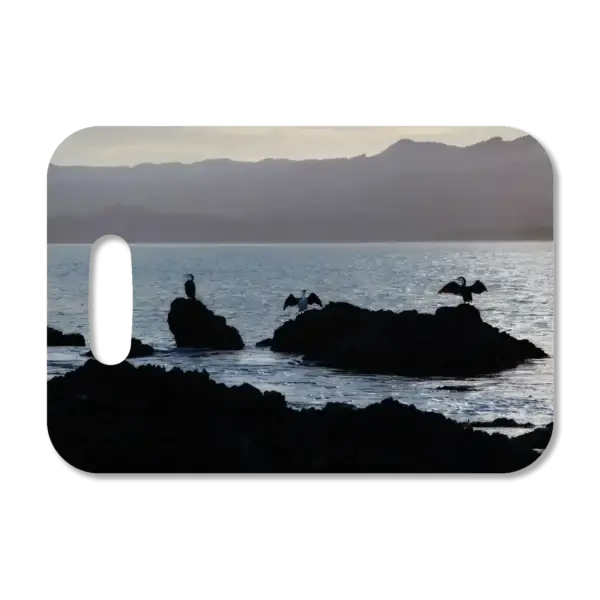 Premium luggage tag featuring New Zealand sea birds sunning themselves on coastal rocks on a bay.