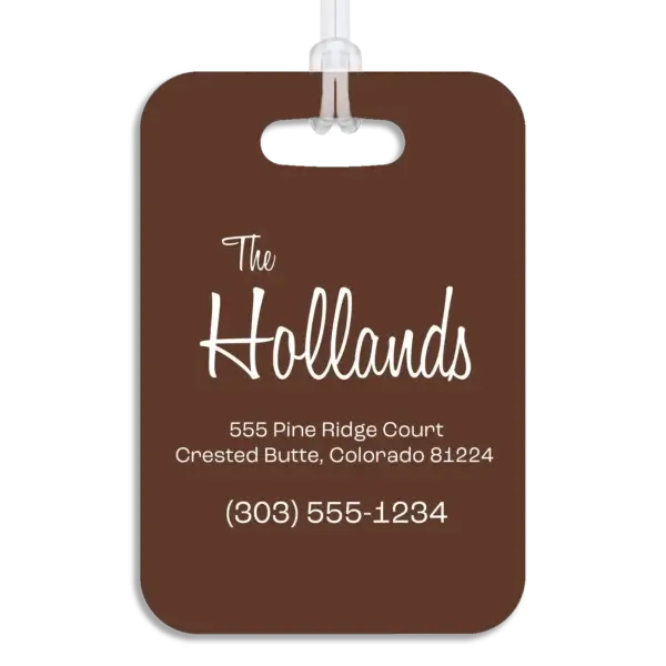 Colored reverse side of a premium luggage tag, showing the owner's name in a mid-century modern script font, plus their address and contact information in a wide, modern font.