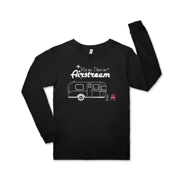 Airstream design with flamingoes with the words Kiss Me I Have an Airstream on a black Bella canvas unisex jersey long sleeve tee