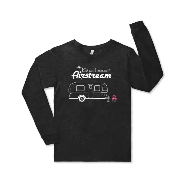 Airstream element tee shirt Airstream design with flamingoes with the words Kiss Me I Have an Airstream on a charcoal Bella canvas unisex jersey long sleeve tee