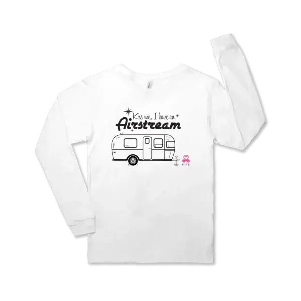 Airstream design with flamingoes with the words Kiss Me I Have an Airstream on a white Bella canvas unisex jersey long sleeve tee