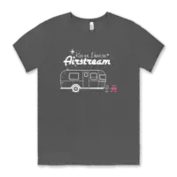 Airstream design with flamingoes with the words Kiss Me I Have an Airstream on a gray Bella canvas unisex tee shirt
