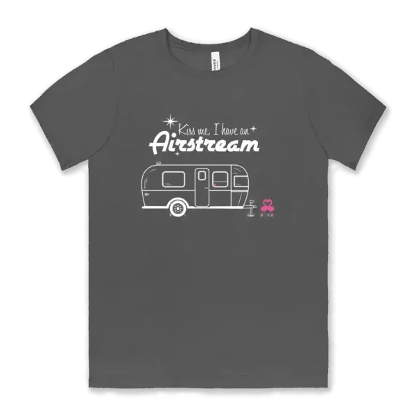 Airstream design with flamingoes with the words Kiss Me I Have an Airstream on a gray Bella canvas unisex tee shirt