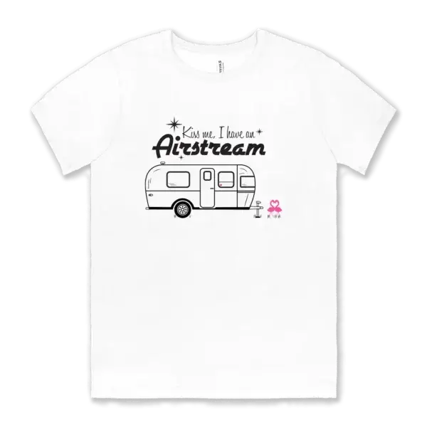 Airstream design with flamingoes with the words Kiss Me I Have an Airstream on a white Bella canvas unisex tee shirt