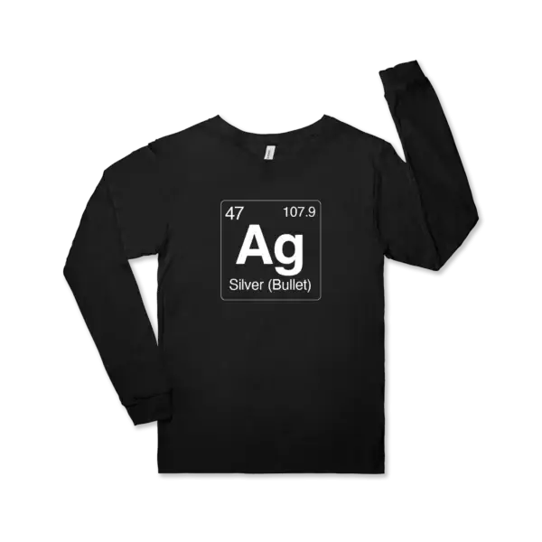 Silver (Bullet) element symbol on a black Bella canvas unisex jersey long sleeve tee
