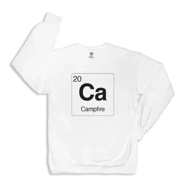Campfire element sweatshirt element symbol on a white crewneck sweatshirt
